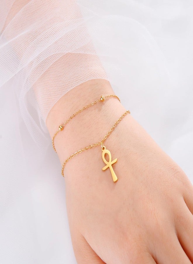 UNIFT Ankh Cross Bracelet Ankle For Women Stainless Steel Egyptian Key Of Life Cross Bracelet Ankle Fashion Charm Ankh Amulet Jewelry (gold 1, Stainless Steel) - Image 2
